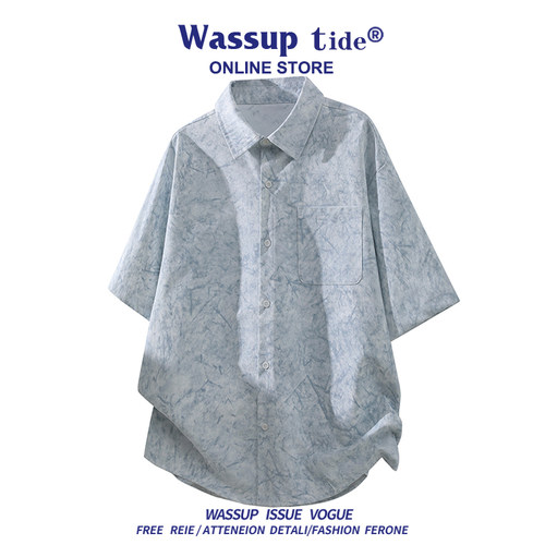 WASSUP TIDE夏季透气百搭休闲风衬衫男翻领扎染短袖宽松凉感衬衫