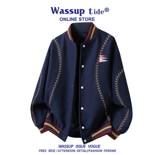 WASSUP TIDE新款草纹刺绣旗帜棒球服男款美式毛呢棒球服帅气夹克