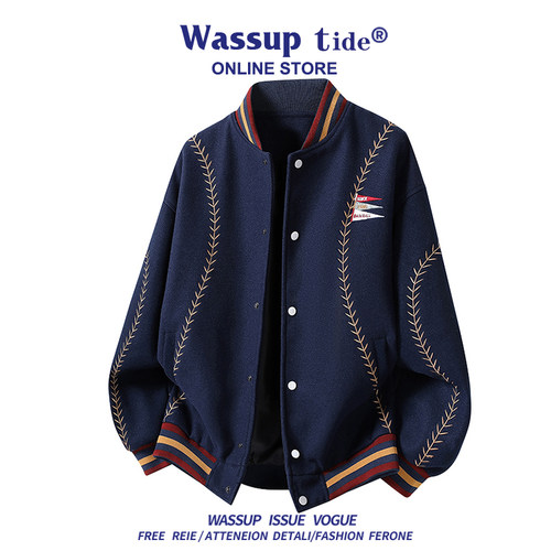 WASSUP TIDE新款草纹刺绣旗帜棒球服男款美式毛呢棒球服帅气夹克