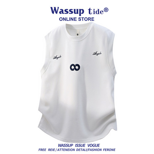 WASSUP TIDE夏季华棉刺绣宽松背心时尚休闲H形无袖上衣百搭圆领衣
