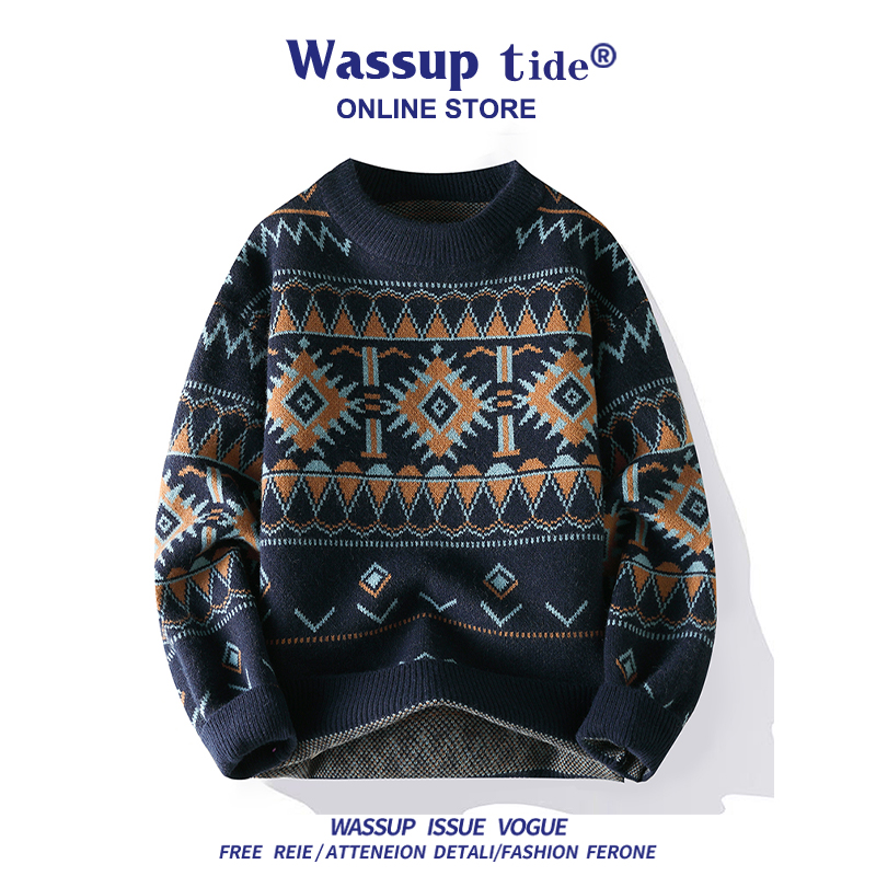 WASSUP TIDE圆领毛衣男宽松保暖针织衫撞色时尚冬季休闲潮打底衫