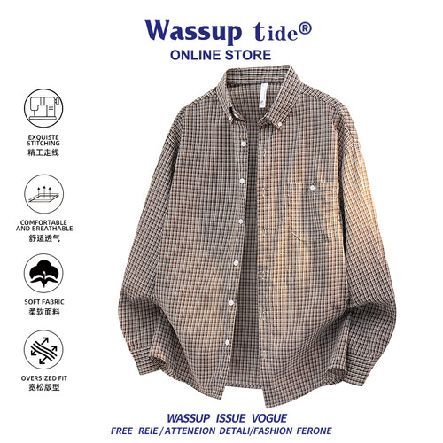 WASSUP TIDE立领格子衫男士复古衬衫帅气休闲美式上衣百搭开衫潮