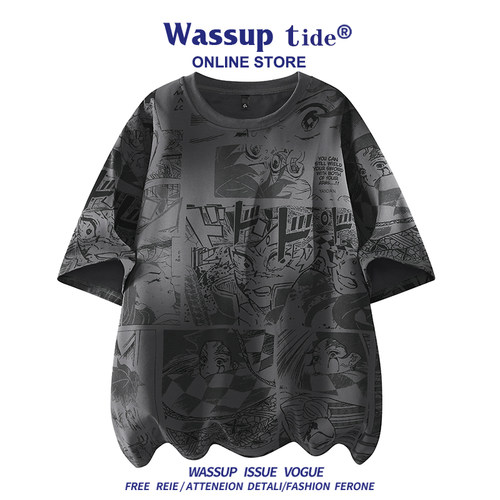 WASSUP TIDE夏季美式街头动漫T恤男潮牌满印漫画宽松休闲短袖上衣