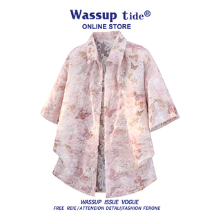 WASSUP TIDE夏季冰丝凉感流苏花衬衫短袖薄款外套宽松衬衣男女T恤