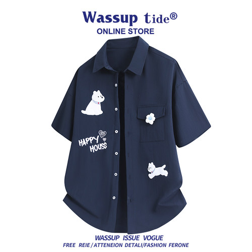 WASSUP TIDE新款时尚刺绣休闲立领衬衫男女情侣百搭宽松大码短袖