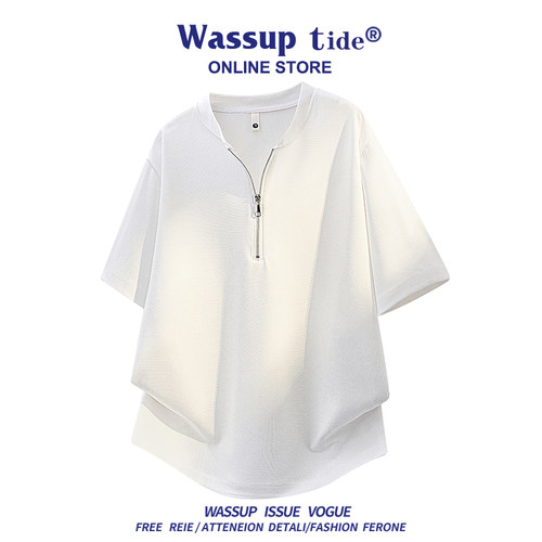 WASSUP TIDE夏季半拉链短袖男宽松潮牌立领垂感休闲亨利领上衣服