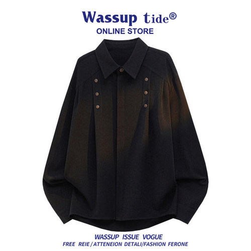 WASSUP TIDE设计感立领男士衬衫帅气休闲港风绅士长袖衬衣时尚潮