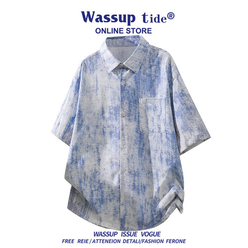 WASSUP TIDE时尚扎染上衣男女情侣T恤宽松百搭凉感衬衫复古潮短袖