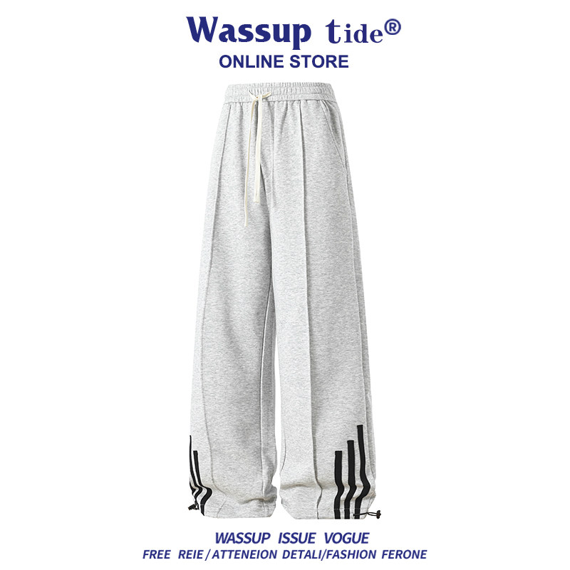 WASSUP TIDE春季新款美式休闲条纹裤男士潮牌直筒裤运动裤长裤