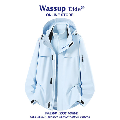 WASSUP TIDE蓝色冲锋衣外套女2025新款春秋冬季户外三合一登山服