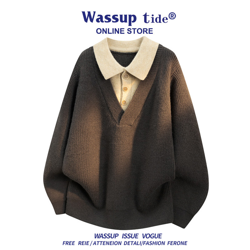WASSUP TIDE秋冬季学院风韩版假两件衬衫领宽松亲肤上衣男女同款
