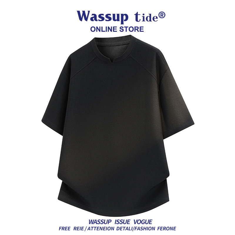 WASSUP TIDE日系极简风小V领T恤夏季宽松百搭复古cityboy短袖潮流