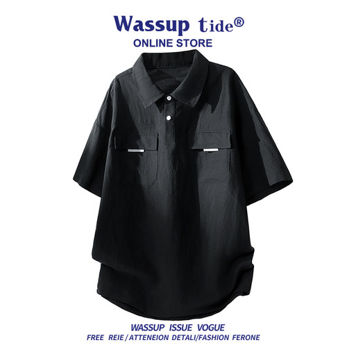 WASSUP TIDE夏季街头工装风Polo衫男双口袋装饰宽松休闲短袖上衣
