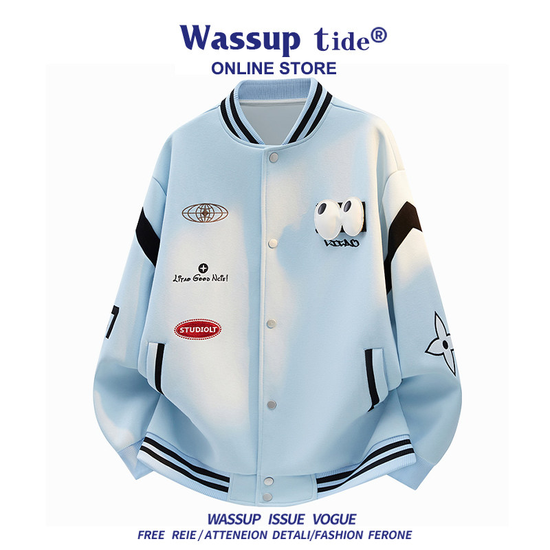 WASSUP TIDE秋冬季复古美式机车服刺绣时尚棒球服男女情侣潮流帅