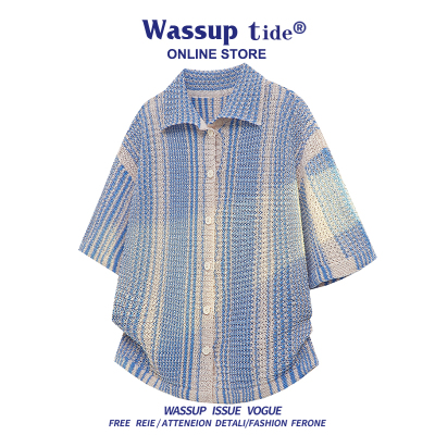 WASSUP TIDE新款大码美式撞色新中式短袖衬衫男翻领休闲针织开衫