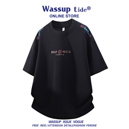 WASSUP TIDE新款美式潮复古街头时尚宽松大码短袖夏季字母刺绣T恤