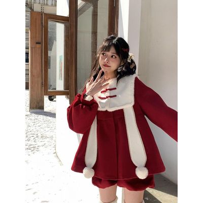 圣诞战袍甜美夹棉毛呢套装冬季新款红色盘扣小个子外套短裤两件套