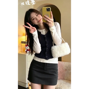 parkyeon高级百搭款马甲背心打底衫上衣女小个子高腰半身裙套装