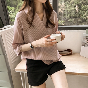 女中袖 春夏新款 宽松显瘦条纹衬衫 上衣女大码 百搭休闲衬衣胖mm 短袖