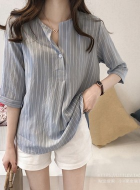春夏新款韩版时尚大码圆领条纹衬衫女七分袖上衣宽松休闲百搭衬衣