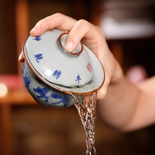 景德镇青花五牛三才盖碗牛转乾坤茶碗手工开片老陶泥可养茶具茶杯