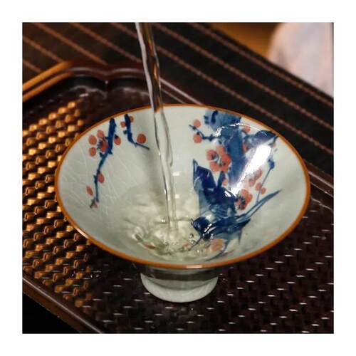 柴窑纯手绘喜上眉梢斗笠杯青花老陶泥主人杯寓意美好茶杯