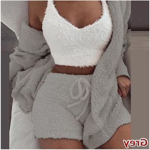 休闲运动套装女装女冬季3毛绒家居服件套跨境短裤欧美睡衣长袖