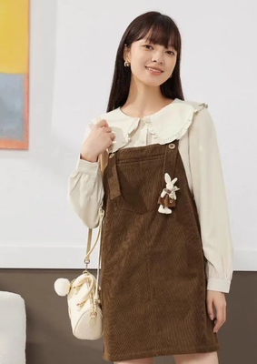 爱衣服新款复古文艺灯芯绒背带裙子女可调节连衣裙套装