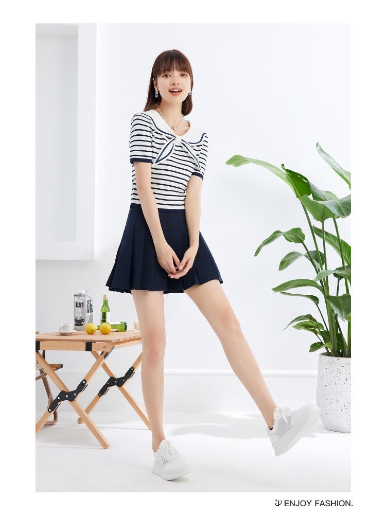 爱衣服学院风减龄套装裙修身显废新款娃娃领针织衫百褶裙限时抢