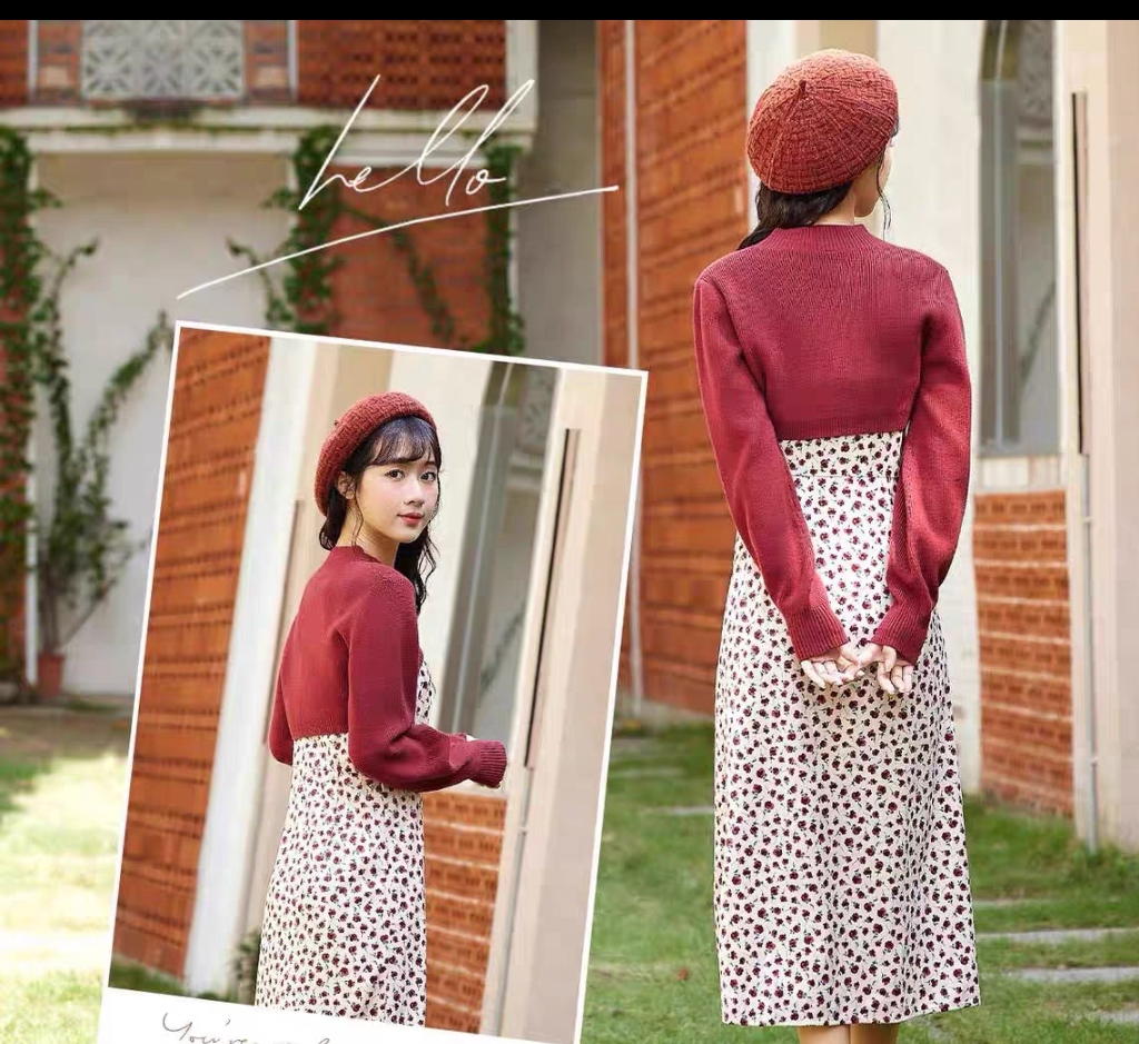 连衣爱衣服连衣裙女套装女2021年冬新款针织罩衫碎花吊带裙两件套