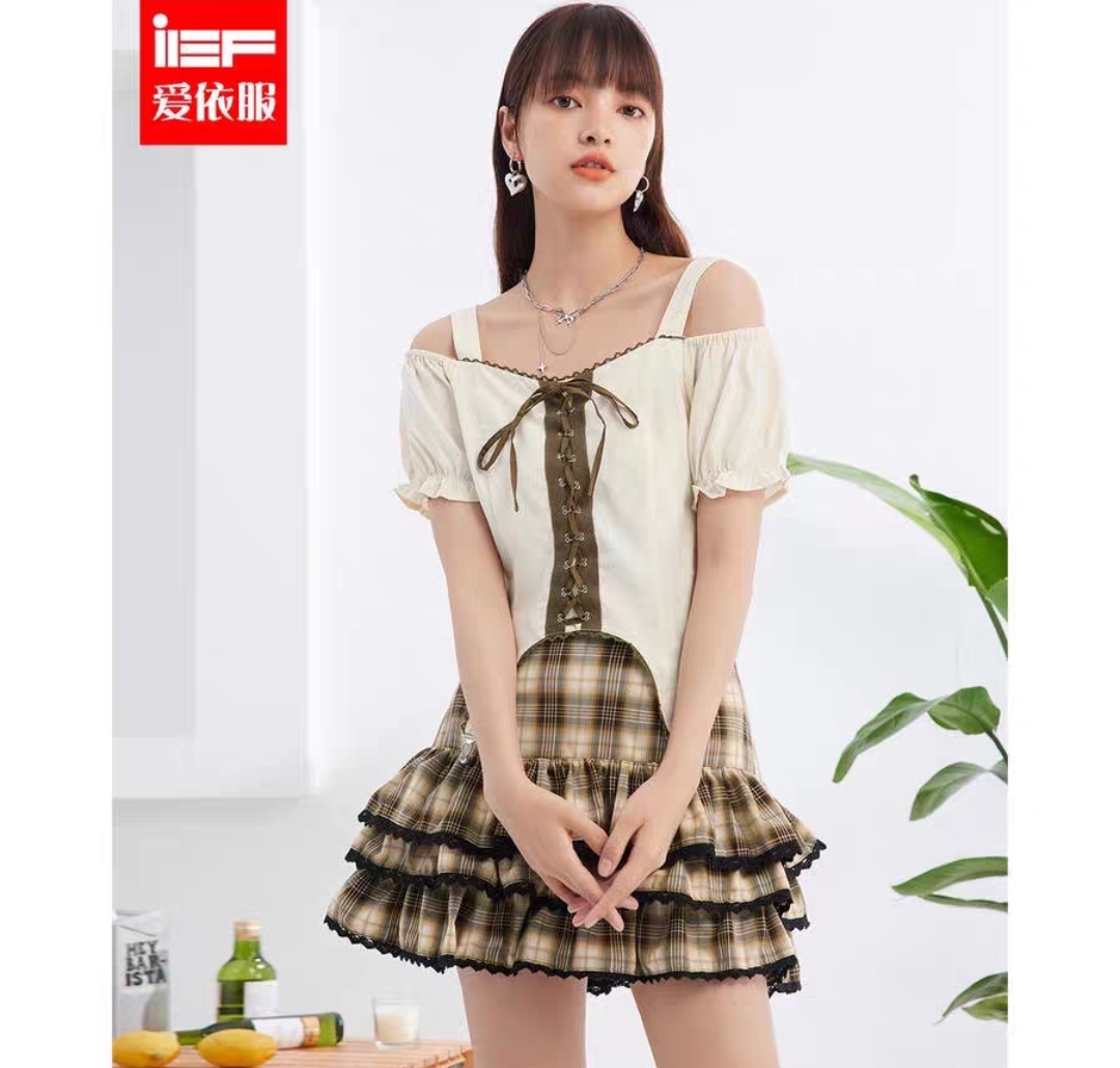 裙爱衣服绑带高腰显瘦女JK制服新款蓬蓬短裙微胖辣妹格子裙连衣裙