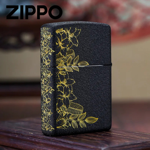 zippo收藏正品之宝打火机黑裂漆春山花蔓防风煤油送礼男士礼物