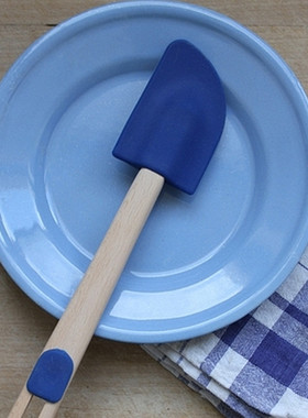 出口法国 烘焙用长孔无漆实木手柄搅拌棒 清新文艺蓝色硅胶刮刀