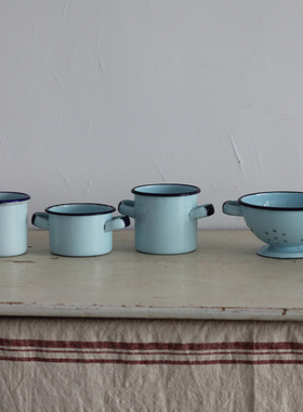 出口磕瓷品 瑕疵搪瓷mini小漏碗蛋杯 小清新蓝色双把手儿童小端杯