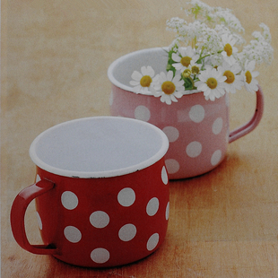 波点粉色咖啡杯 奶杯 明显瑕疵品 复古水玉红蓝搪瓷水杯茶缸