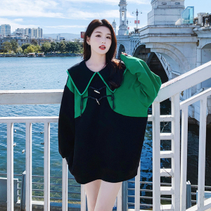 娃娃领卫衣连衣裙女春秋新款韩版气质宽松显瘦拼接小个子长袖上衣图片
