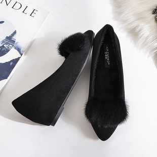 2024秋冬新款内增高毛毛鞋尖头平底单鞋女坡跟加绒真皮水貂毛瓢鞋