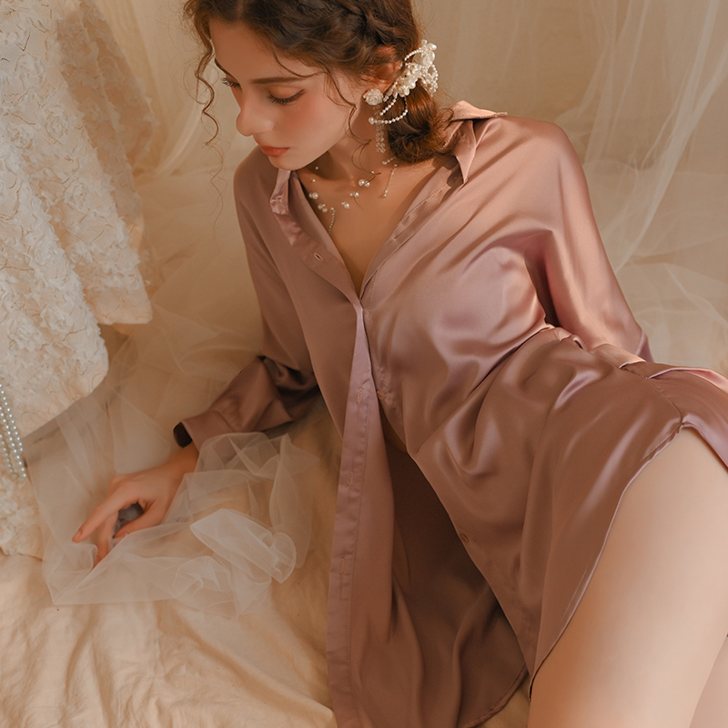 性感睡衣女款夏季2025超火高级感冰丝绸纯欲风男友风衬衫长袖睡裙