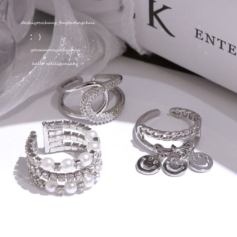 冷淡风微镶锆石珍珠白K女戒指个戒指/指环