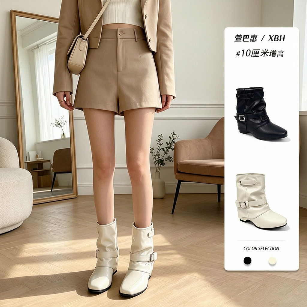 【10CM隐形增高~】秋季复古皮面西部风堆堆靴女尖头短筒靴女靴009