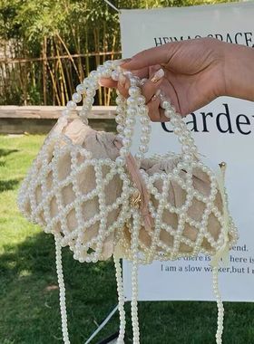 法式复古仙女包包编织串珠水桶包手提斜挎包夏小众设计镂空珍珠包