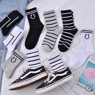 袜子女春秋新款全棉百搭双杠笑脸袜子二道杠中筒袜条纹棉袜ins潮.