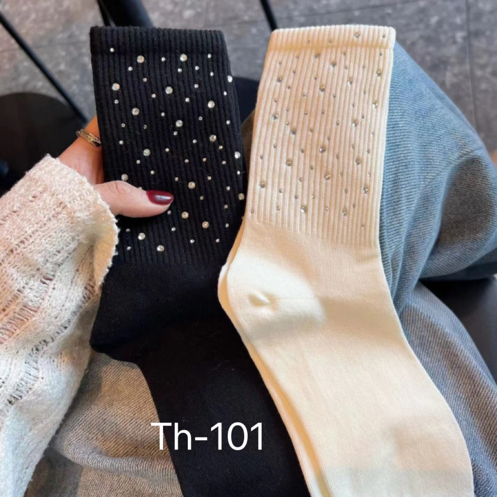 袜子女新款韩版满天星烫钻袜子洋气个性中筒棉袜袜轻奢百搭高筒袜