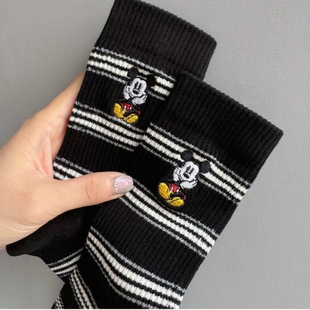 韩国东大门新款 卡通米奇刺绣条纹中筒袜女秋冬学院风百搭堆堆棉袜