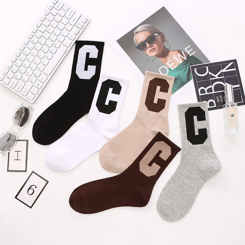网红款大c字母时尚潮流小腿棉袜