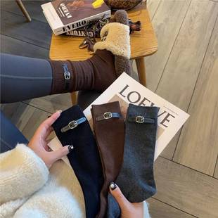欧货秋冬新款 高筒复古堆堆袜 洋气袜子皮扣饰品重工女中筒春秋个性