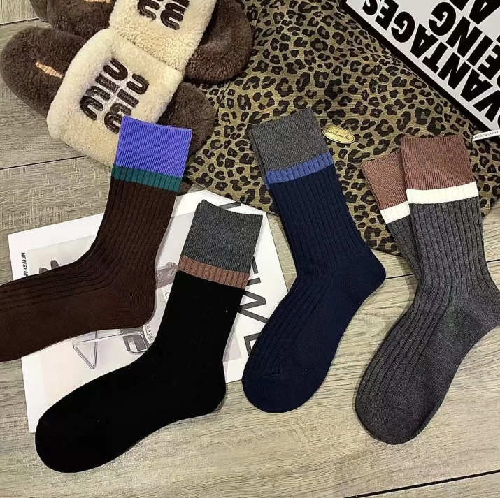 复古撞色双针无骨条纹中筒堆堆袜秋冬季韩版东大门网红爆款女长袜