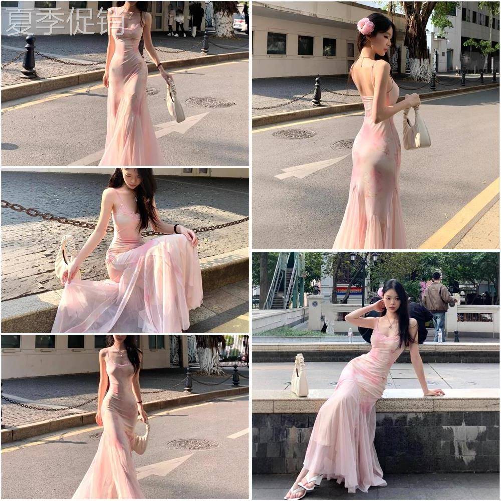 高级感渲染碎花连衣裙女夏季超仙粉色纱裙性感包臀收腰修身鱼尾裙