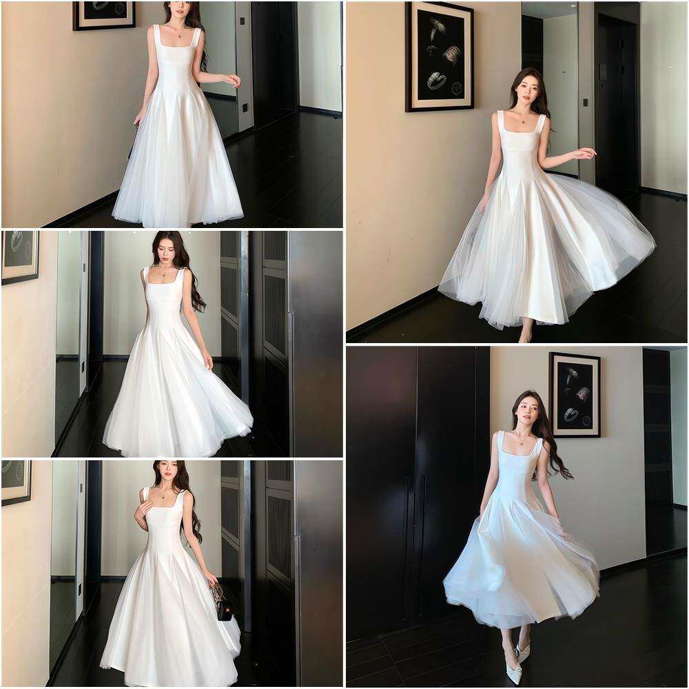 但你butyou 白色吊带洋装女网纱蓬蓬裙高级感生日订婚礼服长裙