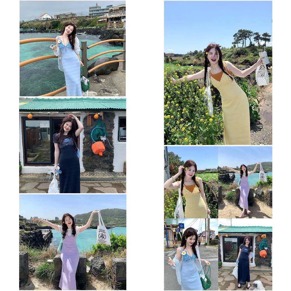 火火火【香榭夏日】韩版吊带V领洋装女温柔风海边度假针织长裙